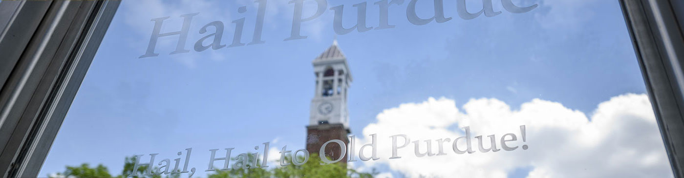 Pictured: banner image of Hail Purdue sign on campus, showing words to school fight song